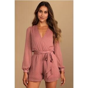 Lulus | Closer Look Dusty Rose Swiss Dot Romper Long Tie Sleeves Pink Medium